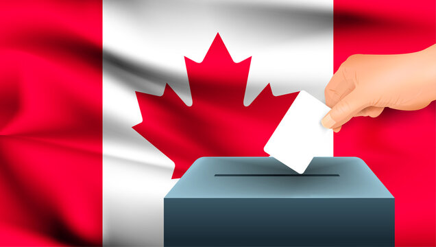 Male hand puts down a white sheet of paper with a mark as a symbol of a ballot paper against the background of the Canada flag. Canada the symbol of elections