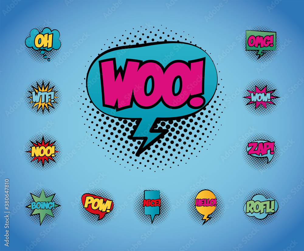 Poster bundle of speech bubbles with woo word and words pop art fill style