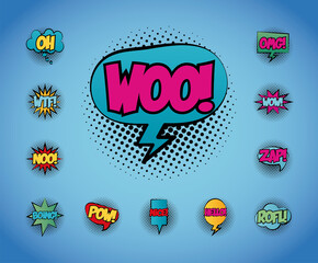 bundle of speech bubbles with woo word and words pop art fill style
