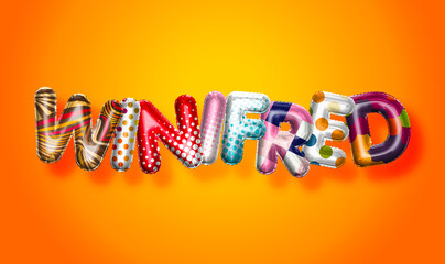 Winifred female name, colorful letter balloons background