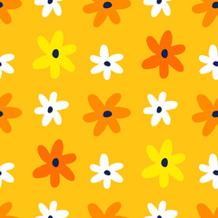 Vector seamless pattern with beautiful simple flower on yellow color background.