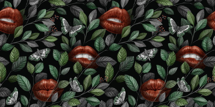 Abstract seamless graphic pattern with lips, butteflies, leaves and vintage flowers. Hand-drawn illustration. Glamorous design. Good for production wallpapers, cloth and fabric printing. 