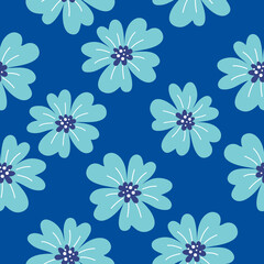 Fototapeta na wymiar Vector beautiful seamless pattern with simple daisy blue color flower on dark background.