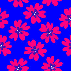 Fototapeta na wymiar Vector simple beautiful seamless pattern with red daisy flower on blue background.