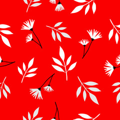 Vector floral seamless pattern with beautiful flower and white leaf of plant on red background.