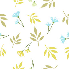 Vector floral seamless pattern with beautiful twig of plant with green color leaf and cornflower flower on white background.
