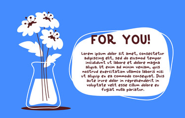 Vector romantic template illustration with beautiful white daisy flower in a vase on blue color background with text space in frame.