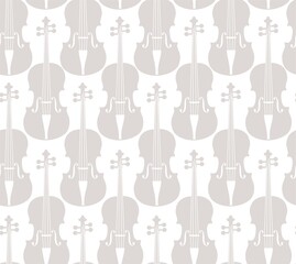 Violins, seamless pattern, white. Grey violins on a white field. Single-color, flat decor. Vector.  