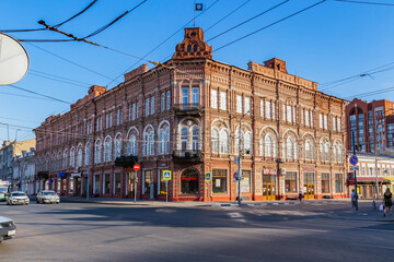 Fototapeta na wymiar Saratov, Russia - 07/06/2019: Architectural monument attraction restaurant, cafe, hotel Moscow, facade of an old historic beautiful mansion in ropetov style in the city center on Moskovskaya street