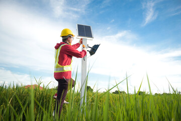 Man during the installation of solar photovoltaic panels in agricultural areas