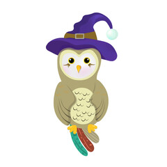 Cute cartoon owl wearing a hat of a witch. Vector character.