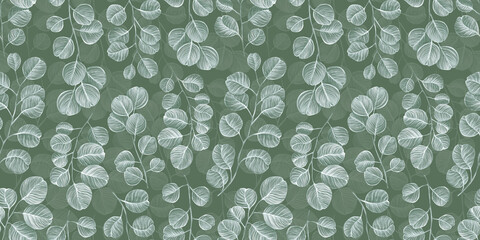 Botanical seamless pattern with vintage graphic silver dollar eucalyptus leaves. Hand-drawn illustration. Light green background. Good for production wallpapers, cloth and fabric printing.