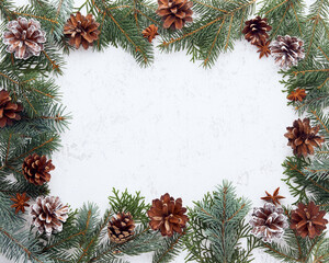Fototapeta na wymiar Christmas and Happy New Year light white background. Frame with fir branches, cones. Stone backdrop with copy space.