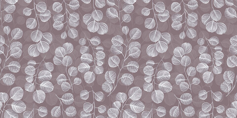 Botanical seamless pattern with vintage graphic silver dollar eucalyptus leaves. Hand-drawn illustration. Light pink background. Good for production wallpapers, cloth and fabric printing.