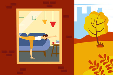 Woman doing exercises at home. Illustration of half a house and a street. Vector illustration in flat style.
