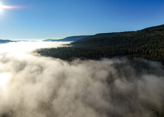 Aerial photography of the rising sun above Lake Schluchsee, Black Forest
