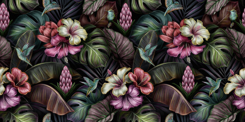 Tropical exotic seamless pattern with birds, monstera, hibiscuc, bromeliad, banana leaves, palm, colocasia. Hand-drawn 3D illustration. Good for production wallpapers, cloth and fabric printing. - 380650822