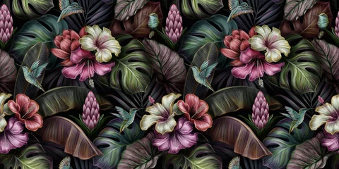 Foto op Canvas Tropical exotic seamless pattern with birds, monstera, hibiscuc, bromeliad, banana leaves, palm, colocasia. Hand-drawn 3D illustration. Good for production wallpapers, cloth and fabric printing. © alenarbuz