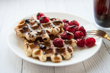 Sweet Homemade Berry Belgian Waffle with chocolate syrup and sugar powder