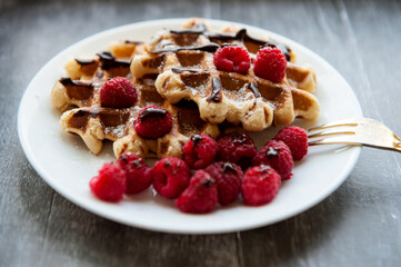 Sweet Homemade Berry Belgian Waffle with chocolate syrup and sugar powder