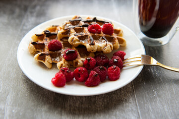 Sweet Homemade Berry Belgian Waffle with chocolate syrup and sugar powder