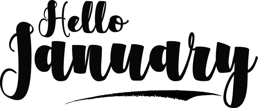 Hello January Bold Calligraphy Black Color Text On White Background