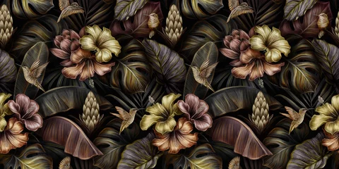 Gordijnen Tropical exotic seamless pattern with birds, monstera, hibiscuc, bromeliad, banana leaves, palm, colocasia. Hand-drawn 3D illustration. Good for production wallpapers, cloth and fabric printing. © alenarbuz