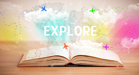 Open book with EXPLORE inscription, vacation concept