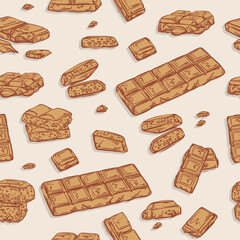 Chocolate bar sketch hand-drawn design. Milk dessert tasty sweets  seamless pattern, cacao repeat snack drawing in brown color