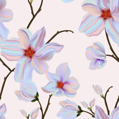 Magnolia violet  background, vector seamless flower print, floral plant arrangements. Tender garden bloom