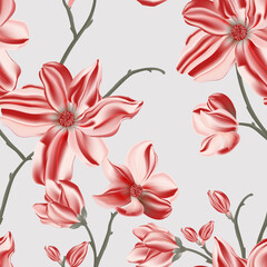 Red Magnolia vector seamless pattern. Repetition floral print, plant design. Perfect for wrapping paper, backgrounds, headers, banners, cloth , fabrics, digital paper