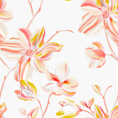 Naklejka na ściany i meble Magnolia light peach background, vector seamless flower print, floral plant arrangements. Tender orange yellow garden bloom summer 2021 print, textile cloth wallpaper