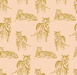 Tigers outline pattern, hand-drawn doodle animal print. repetiotion texture. Vector