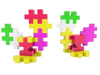 Two cock figures from colored puzzle pieces on white