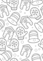 Seamless pattern or coloring page with Christmas houses, mittens, holiday bells for adults, Outline vector stock illustration in A4 size