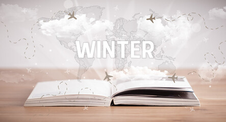 Open book with WINTER inscription, vacation concept