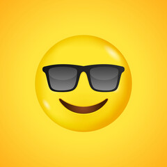 Emoticon with Sun Glasses. Big smile in 3D. Vector illustration.