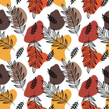 Leaves with shapes seamless pattern, autumn colors. Palm tree tropical design