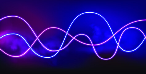 Neon wave. Led soundwave. Glowing lamp line. Glow curve background. Colored luminous lines in smoke. Digital banner. Vector illustration.