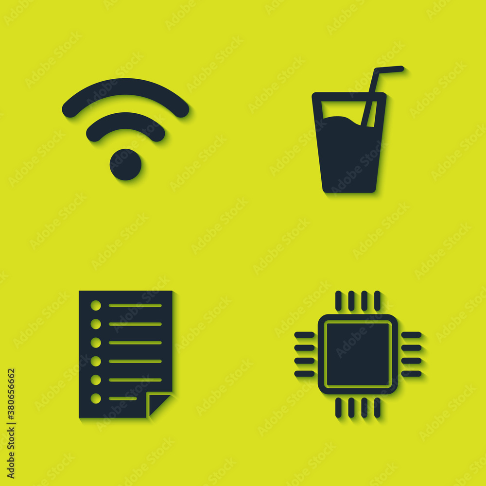 Poster set wi-fi wireless network, processor with cpu, document and glass water icon. vector.