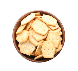 Delicious crackers in bowl isolated on white, top view