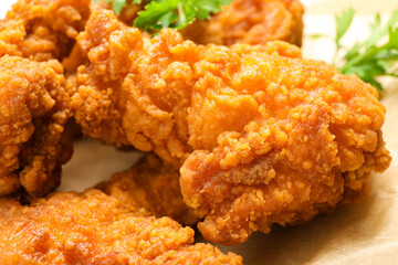 Tasty deep fried chicken pieces served on table, closeup