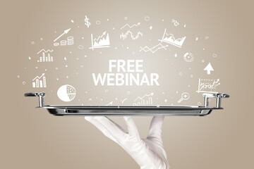 Waiter serving business idea concept with FREE WEBINAR inscription