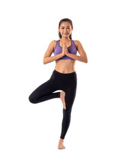 Healthy Asian woman wearing sports clothing, doing yoga pose on white background.