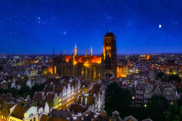 Fototapeta na wymiar Aerial view of the St. Mary's Basilica in Gdansk at night, Poland