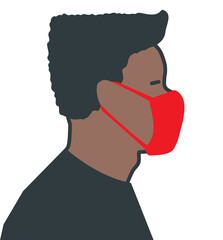 Afro american male wearing red medical face mask to prevent covid-19 virus spread. Vector icon