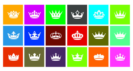 Set vector king crowns icon on colour backgrounds. Vector Illustration. Emblem, icon and Royal symbols.