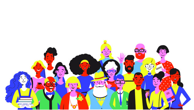 Diverse group of young and elderly men and women in multicolored clothes. Crowd of people standing together joined with happiness. Flat color trends vector illustration.