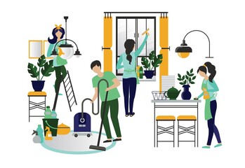 Cleaning company. Vector illustration. Modern interior. Room cleaning. template or blank for a website or banner. People clean up.