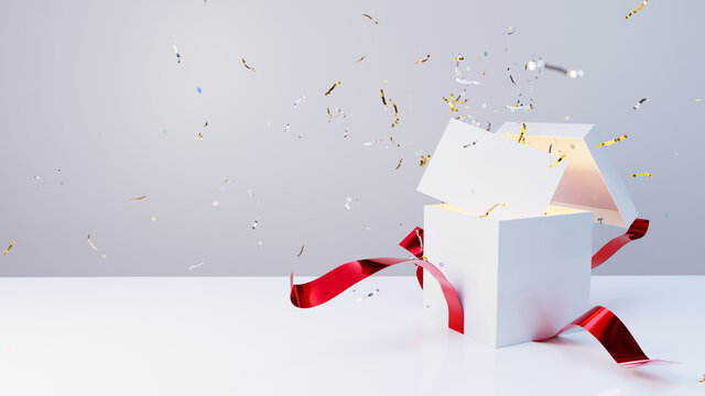 White gift box with red bow opens with an explosion of confetti and a blank card appears